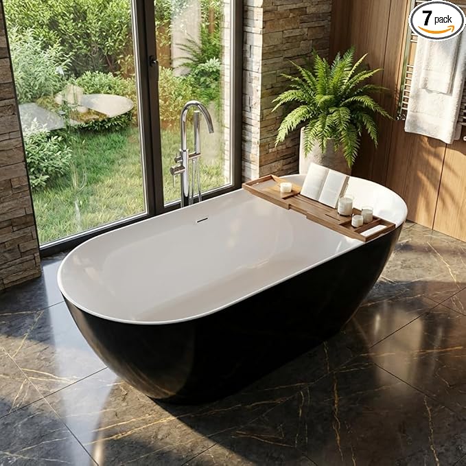 59" Freestanding Acrylic Bathtub, Deep Soaking Tub with Non-Slip Base & Chrome Drain, cUPC Certified, Black Symmetrical