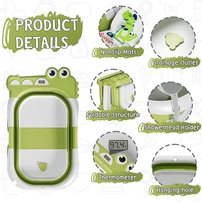 MoreFeel Collapsible Baby Bathtub for Newborn with Thermometer & 1 Hooded Towel & 1 Soft Floating Cushion,Portable Travel Bathtub with Drain Hole, Durable Foldable Baby Tubs for Infants to Toddler
