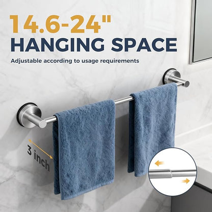 14.6inch~24inch Towel Racks for Bathroom,Adjustable Suction Cup Towel Bar for Bathroom Wall,Stainless Steel Bath Towel Holder for Shower,2 Pack(Brushed Silver)
