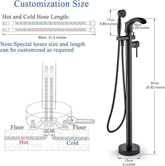 Senlesen Matte Black Bathroom Single Handle Freestanding Bathtub Faucet Floor Mounted Waterfall Tub Filler with Hand Shower Set