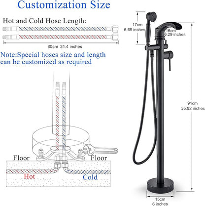 Senlesen Matte Black Bathroom Single Handle Freestanding Bathtub Faucet Floor Mounted Waterfall Tub Filler with Hand Shower Set