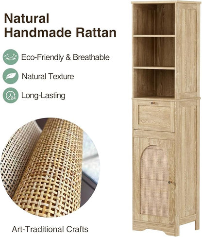 67" H Natural Bathroom Storage Cabinet with Rattan Doors and Slide Storage, Tall Narrow Freestanding Tower Cabinets with Adjustable Shelves for Kitchen, Living Room, Dining Room
