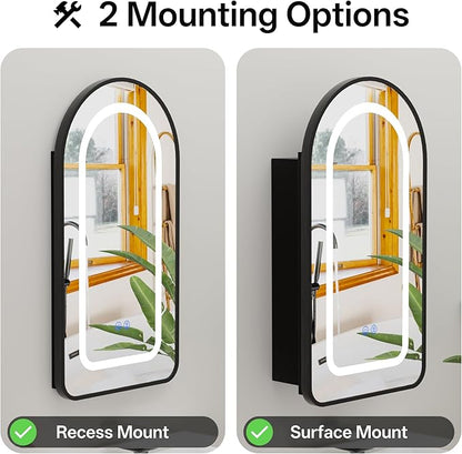 LED Arched Bathroom Medicine Cabinet with Mirror, No Assembly Needed, Recessed or Surface Mount Wall Storage Cabinet, Mirror Cabinet with Tissue Slot (Black-LED, 31.5" L x 19.7")