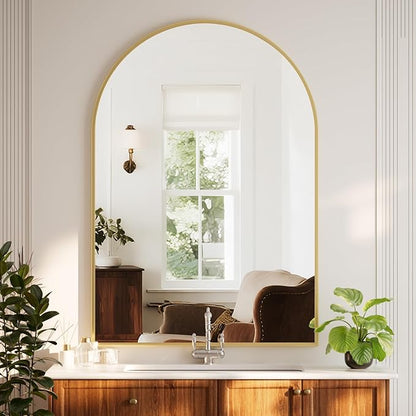 HARRITPURE Arched Bathroom Mirror - 32"x48" Gold Large Wall Mounted Vanity Mirror Aluminum Alloy Frame Arch Wall Mirror for Living Room, Bedroom and Entryway