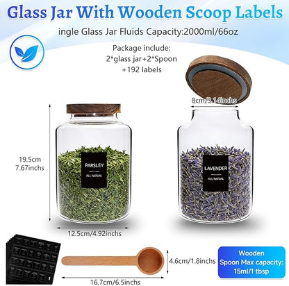 66oz Large Glass Storage Jar with Wooden Lids Spoons Labels Glass Coffee Ground Canister Borosilicate Glass Sugar Flour Container for Cookies Spice Rice Tea(2000ml/67oz-2 pack-with scoop)