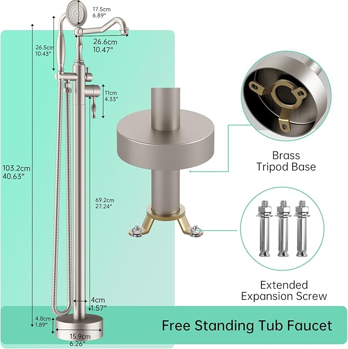 Hoimpro Free Standing Tub Faucet Freestanding Tub Filler Stand Alone Bath Tub Set Floor Mounted Bathtub Faucet Shower Faucets Handheld Sprayer Brass Brushed Nickel