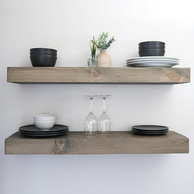 Urbandi Modern Floating Shelves 3 Inches Thick for Wall, Wide Shelves for Kitchen, Living Room, Bedroom, and Bathroom, Natural Pine Wood, Rustic Wooden Shelf, (Set of 2) (Aged Barrel, 36Lx3Hx6D)