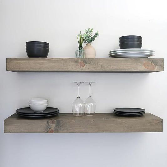 Urbandi Modern Floating Shelves 3 Inches Thick for Wall, Wide Shelves for Kitchen, Living Room, Bedroom, and Bathroom, Natural Pine Wood, Rustic Wooden Shelf, (Set of 2) (Aged Barrel, 36Lx3Hx8D)