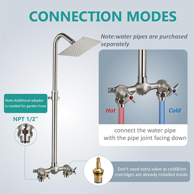 Aolemi Outdoor Shower Kit Fixtures 6 Inch Center with Adjustable Slide Bar,6 Inch Showerhead,2-Handle with Mix Valve,Brushed Nickel