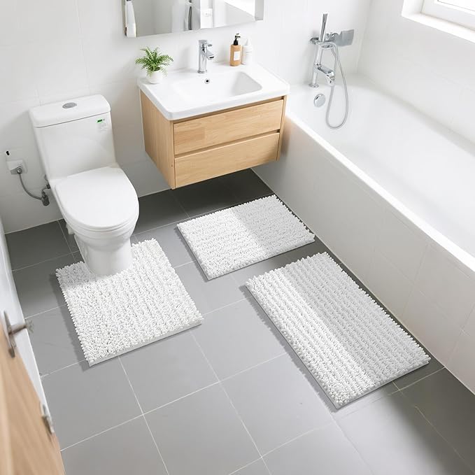 Yimobra Bathroom Rugs Sets 2 Piece - Quick Dry Extra Thick Luxury Chenille Bath Mat, Non Slip Super Absorbent for Tub Shower Sink, Machine Washable Shaggy Floor Mat, 32"x20"+24"x17" Inch, White