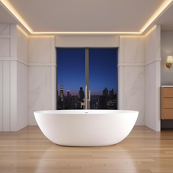 71'' Freestanding Solid Surface Resin Stone Bathtub, Freestanding Tub, Contemporary Design Stand Alone Tub with Pop-up Drain and Overflow, cUPC Certified, Matte White (Oval) AM3031800…