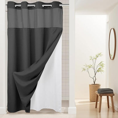 River Dream Heavyweight No Hooks Required Dotted Waffle Weave Shower Curtain with Snap in Liner -Stall 54W x 80H,Hotel Grade,Spa Like Bath Curtain,Graphite Grey