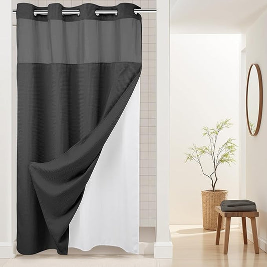 River Dream Heavyweight No Hooks Required Dotted Waffle Weave Shower Curtain with Snap in Liner -Stall 54W x 80H,Hotel Grade,Spa Like Bath Curtain,Graphite Grey