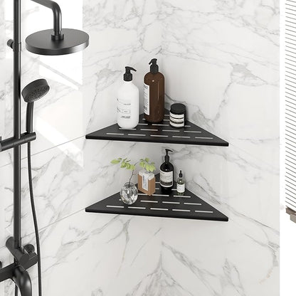 FerdY 2-Pack 10" Matte Black Recessed Corner Shower Shelf, for Tiled Bathroom Walls, 304 Stainless Steel Floating Shower Shelf, Shower Caddy Storage Shelves, No Drilling Required, Striped Triangle