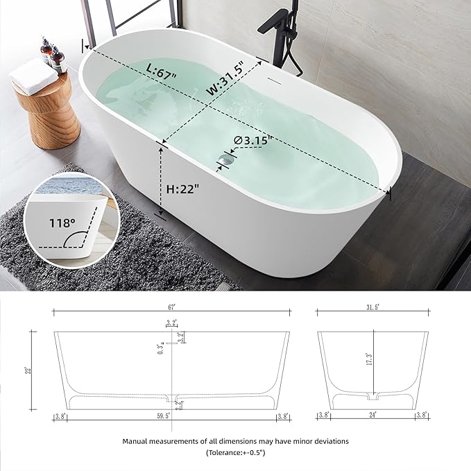 67'' Flatbottom Bathtub Solid Surface Freestanding Bathtub Matte Bathroom Soaking Bathtubs Resin Stone Oval Soak Tubs with Overflow and Pop-up Drain - White