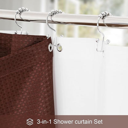 3 in 1 Stall Half Size Brown Shower Curtain Set-36 W x 72 H, Modern Waffle Waterproof Fabric and PEVA Liner Set with Stainless Steel Hooks