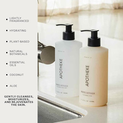 APOTHEKE Liquid Hand Soap, White Vetiver - 10 Fl Oz Hydrating Handsoap with Premium Fragrance Oils Gently Cleanses, Moisturizes & Rejuvenates Skin - Scented Hand Wash for Kitchen & Bathroom