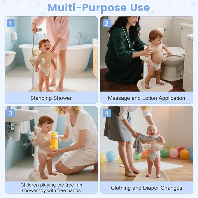 Adjustable Baby Shower Stand with Slip Base,Huggable Bear Bathing Support,Portable Shower Baby Stand,Bath Standing Shower with Toy Little Duck, Baby Bath Seat(Caramel)