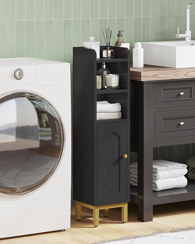 Bathroom Storage Cabinet, Small Corner Floor Cabinet with Door and Shelves, Narrow Toilet Paper Holder, Bathroom Organizer with Adjustable Shelf, for Small Spaces, Black BC08206X