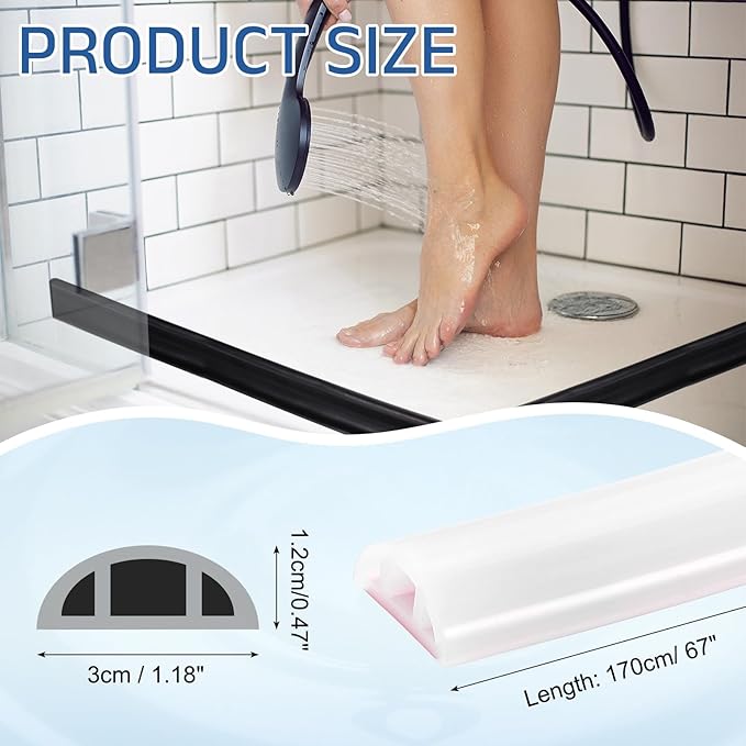uxcell Shower Water Barrier, 67" Silicone Splash Guard Shower Water Stopper Retention System for Bathtub Sink Washing Machine Dry and Wet Separation, 1.18"W x 0.47"H, Clear