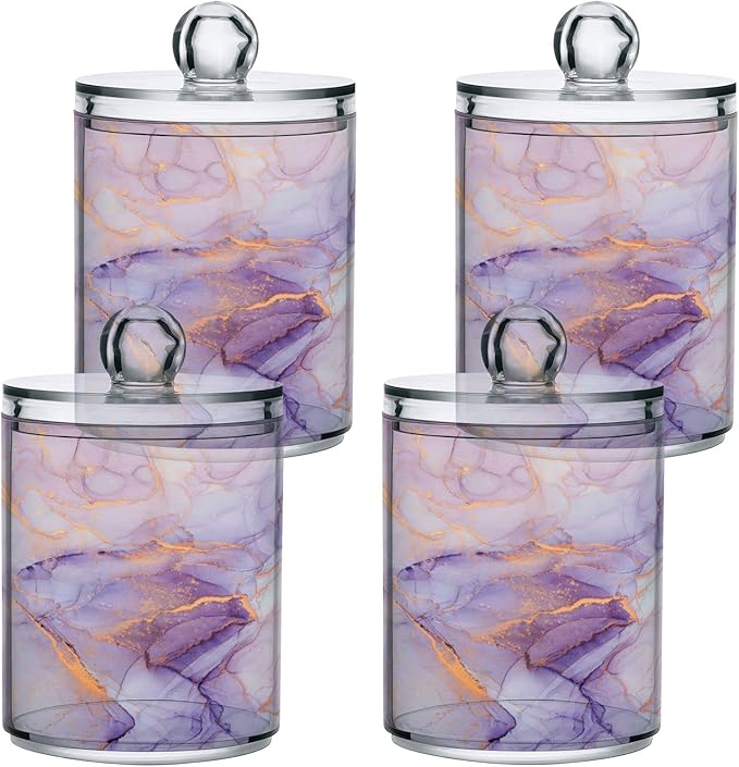 4 Pack Qtip Holder Organizer Dispenser Purple Transparent Waves Marble Bathroom Containers Bathroom Vanity Storage Canister Apothecary Jars for Cotton Swabs/Pads/Floss