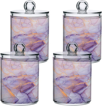 4 Pack Qtip Holder Organizer Dispenser Purple Transparent Waves Marble Bathroom Containers Bathroom Vanity Storage Canister Apothecary Jars for Cotton Swabs/Pads/Floss
