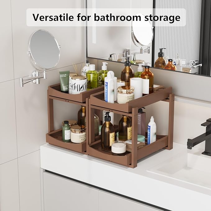 Bamboo Under Sink Organizer Adjustable Height 2 Tier Bathroom Organizer Pull Out Cabinet Storage Kitchen Heave Duty Wood Slide Ou Shelf for Kitchen Bathroom (Brown, 2 Packs)