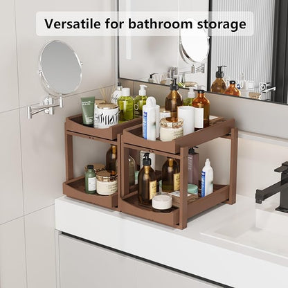 Bamboo Under Sink Organizer Adjustable Height 2 Tier Bathroom Organizer Pull Out Cabinet Storage Kitchen Heave Duty Wood Slide Ou Shelf for Kitchen Bathroom (Brown, 2 Packs)