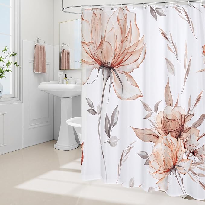 Long Boho Watercolor Floral Shower Curtain 72 x 78, Orange and Grey Ink Painting Style Flower Shower Curtains for Chic Elegant Bathroom, Artistic 78 Inch Long Fabric Shower Curtain
