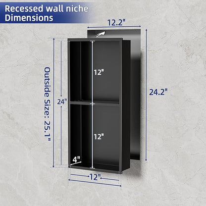 No Tile Needed Shower Niche - 12.75"x24.75"(Inner Size 12"X24") 304 Stainless Steel Recessed Bathroom Shelf, 2-Tier Waterproof Organizer Over Mount Cabinet for Shower Storage, Matte Black