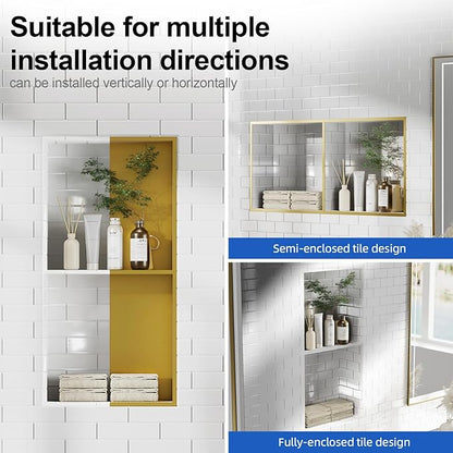 Bathbliss Shower Niche, No‑Tile Recessed Wall Niche, 11.18"x22.3" SUS304 Stainless Steel Double Shelf, Leak‑Proof Waterproof for Bathroom Storage, Brushed Gold
