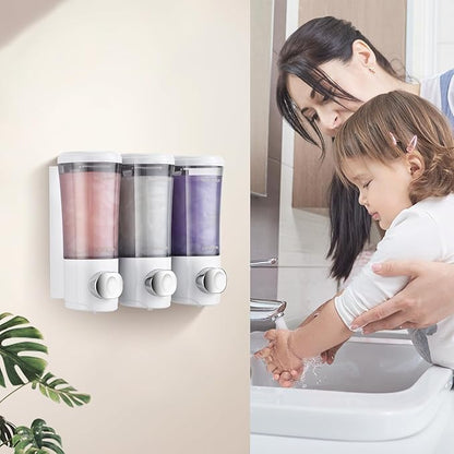 Shampoo and Conditioner Dispenser No Drill Shower Soap Dispenser Wall Mounted Shower Dispenser 3 Chamber with Upgrade Smooth Pump Head Bathroom Body Wash Soap Dispenser Set 450ml*3 White