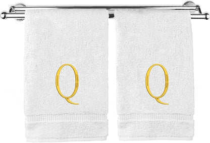 Monogrammed Hand Towel, Personalized Initial Gift, Extra Absorbent 100% Turkish Cotton - Soft Terry Finish - Set of 2 - Gold Block Initial Q - Embroidered on White Towels