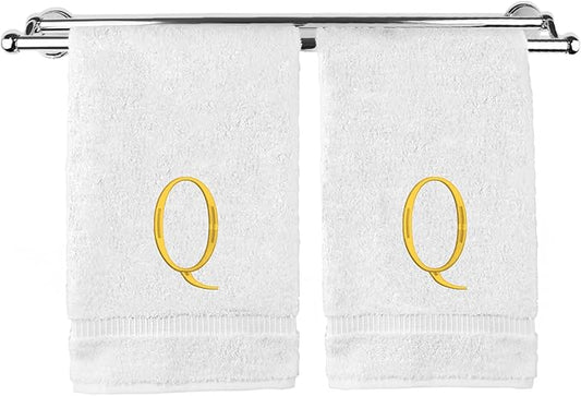 Monogrammed Hand Towel, Personalized Initial Gift, Extra Absorbent 100% Turkish Cotton - Soft Terry Finish - Set of 2 - Gold Block Initial Q - Embroidered on White Towels