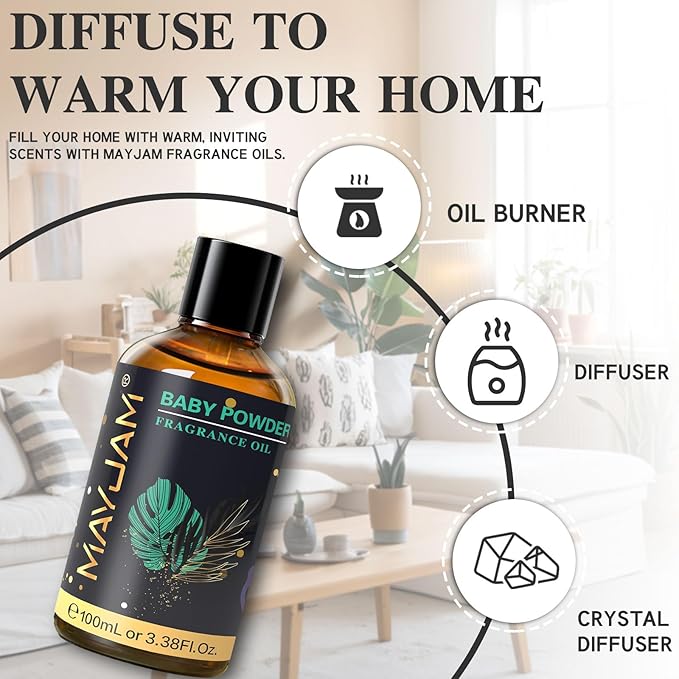 MAYJAM 100ML/3.38FL.OZ Baby Powder Fragrance Oils with Glass Dropper, Essential Oils for Diffusers for Home, Long Lasting Scented Oils for Diffusers Soap Candle Making