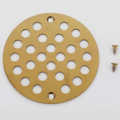 4 Inch OD Round Screw-in Brushed Gold Shower Drain Strainer - Brass Construction, Efficient Drainage & Versatile Use