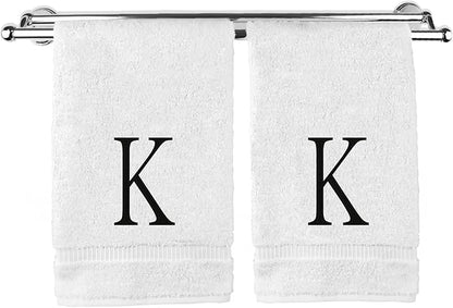 Monogrammed Hand Towel, Personalized Initial Gift, Extra Absorbent 100% Turkish Cotton - Soft Terry Finish - Set of 2 - Black Block Initial K - Embroidered on White Towels