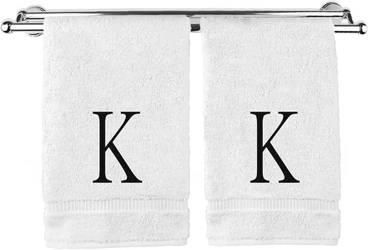 Monogrammed Hand Towel, Personalized Initial Gift, Extra Absorbent 100% Turkish Cotton - Soft Terry Finish - Set of 2 - Black Block Initial K - Embroidered on White Towels