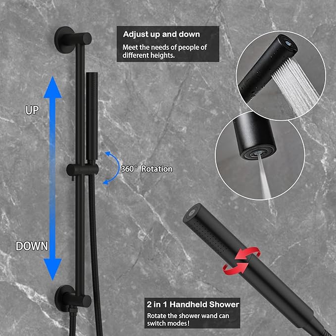 Shower Faucet Set Matte Black Shower System Temperature Display Diverter Shower Valve and 2 in 1 Handheld with Slide Bar, 12 Inch Ceiling Shower Head with 8 Inch Wall Mount Shower Head