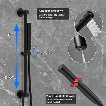 Shower Faucet Set Matte Black Shower System Temperature Display Diverter Shower Valve and 2 in 1 Handheld with Slide Bar, 12 Inch Ceiling Shower Head with 8 Inch Wall Mount Shower Head
