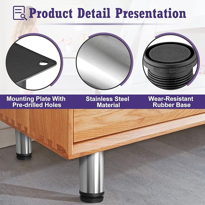 7 Inch Metal Furniture Legs Stainless Steel Adjustable Legs Silver Metal Legs Round Cabinet Legs for Coffee Table Cabinet Desk Sofa Shelves, Pack of 4