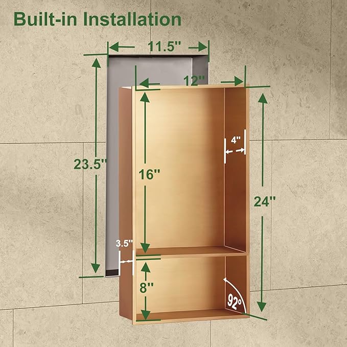 Shower Niche,12 * 24 Stainless Steel Elegant Bathroom Niche, No Tile Needed Recessed Shower Shelf Organizer for Storage,Gold