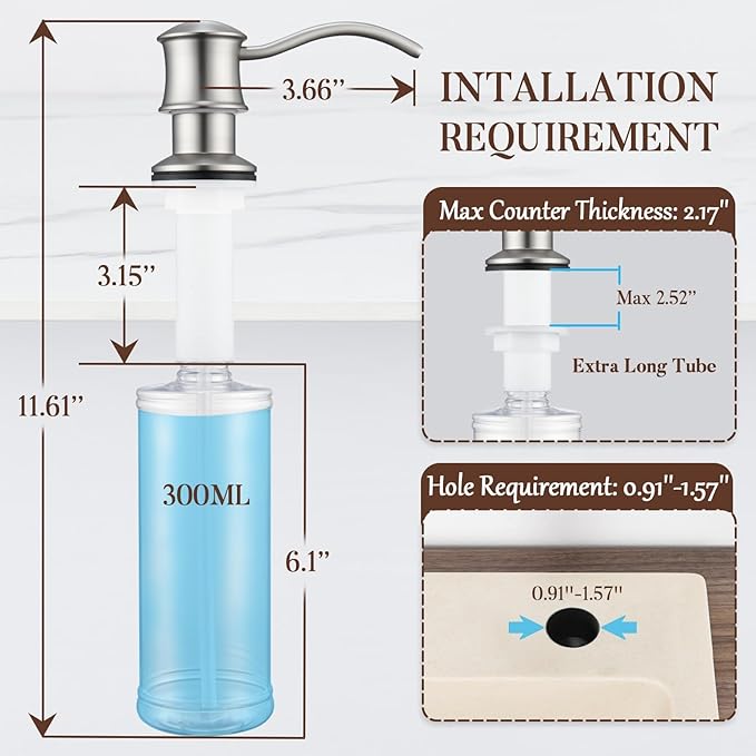 Built in Soap Dispenser for Kitchen Sink Countertop, Solid Brass Pump Head Long Spout with 10.2 Ounce PET Food Safe Material Lotion Bottle, Brushed Nickel Finish