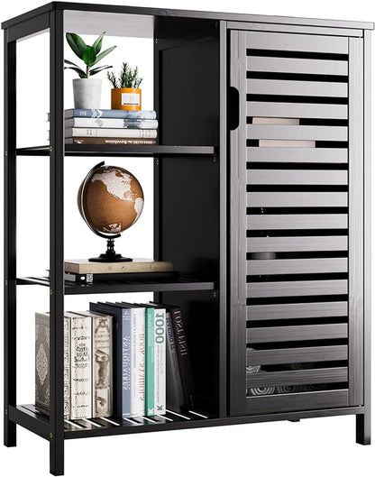 HITNET Black Bathroom Cabinet, Freestanding Storage Cabinet Bamboo Kitchen Floor Cupboard with Door and Shelf, Space Saving Side Storage Organizer for Living Room Bedroom Home Office