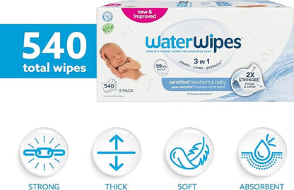 WaterWipes Sensitive+ Newborn & Baby Wipes, 3-In-1 Cleans, Cares, Protects, 99.9% Water, Unscented & Hypoallergenic, 540 Count (9 Packs)
