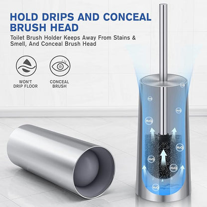 Toilet Brush and Holder, 2 Pack Toilet Brush Stainless Steel, Toilet Bowl Brush for Bathroom Toilet-Ergonomic, Elegant,Durable (Silver)