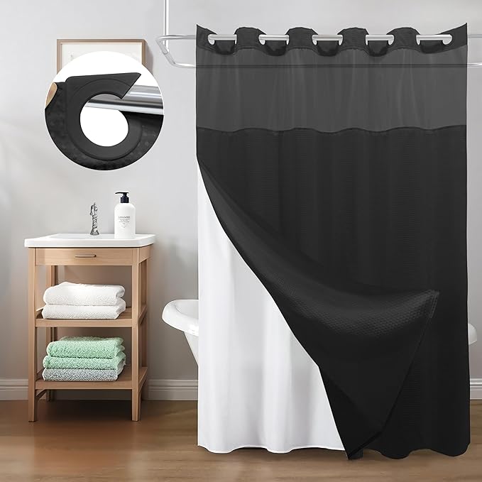 Inhousolu Stall No Hook Shower Curtain with Snap in Fabric Liner Set Waffle Weave 230GSM Weighted Hem, Waterproof & Washable Bathroom Curtain Spa Luxury with Mesh Top Window 36" W x 72" L Black