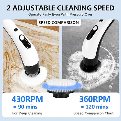 PUNOMO Electric Spin Scrubber, Cordless Waterproof Cleaning Brush with 8 Replaceable Brush Heads - 120Mins Work Time Adjustable Long Handle 2 Speeds 360 Power Scrubber for Bathroom Shower Kitchen Car