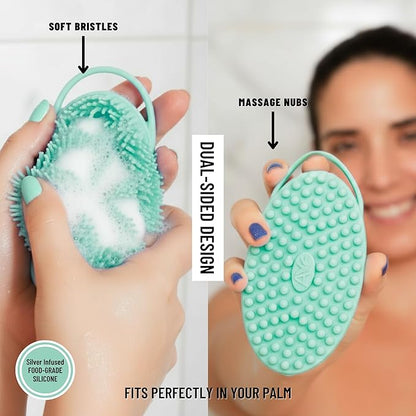 Silver Infused Silicone Body Scrubber Shower - Gentle Back Scrubber Soft Bristles - Avilana Premium Dual Sided Bath Brush Massage - Advanced Material Loofah Alternative - Gift Women Men