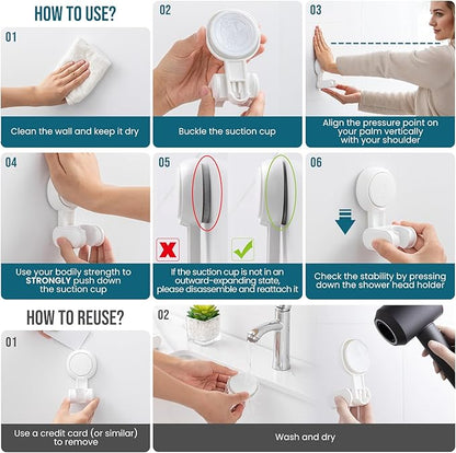 TAILI Shower Head Holder Suction Cup, handheld Shower Head Bracket, Height Angle Adjustable Wall Mounted, Bathroom Showerhead Holder No Drilling Removable Waterproof, White